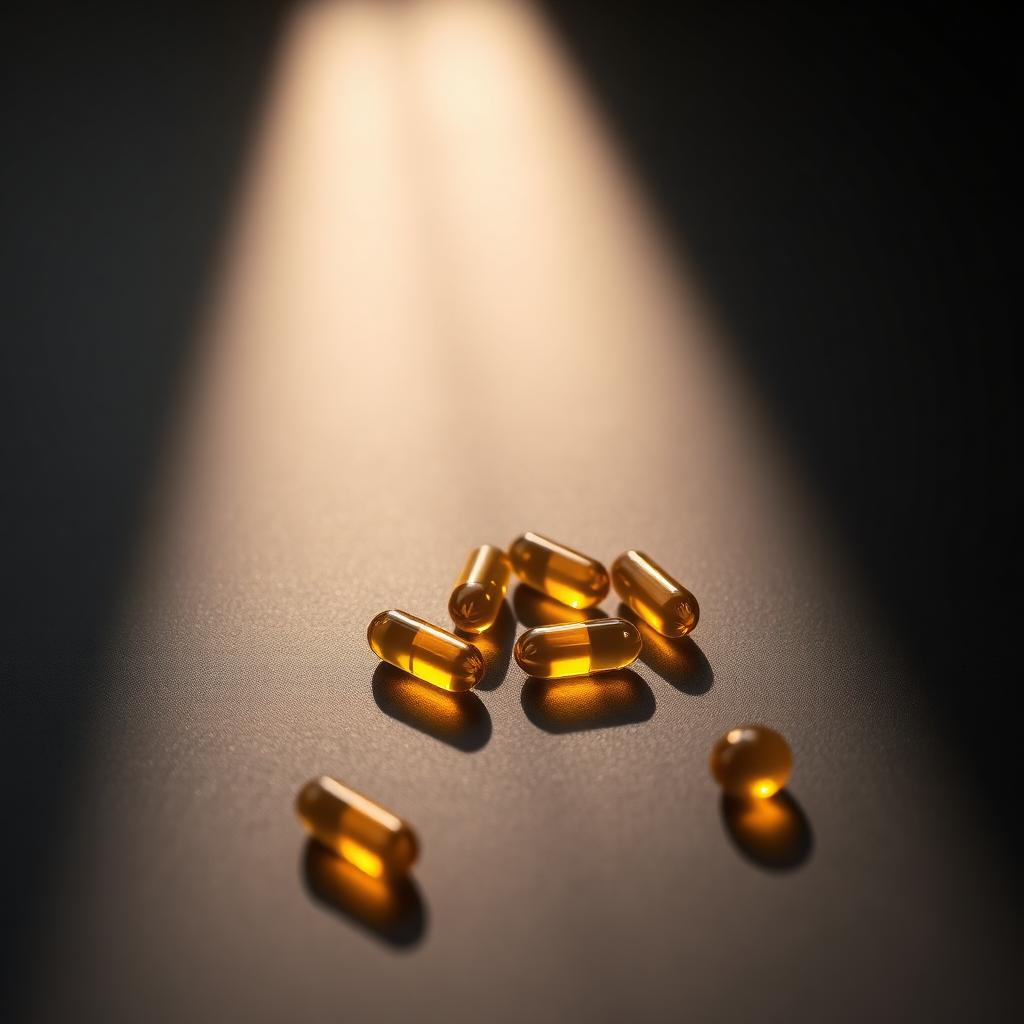 Cápsulas douradas de vitamina D iluminadas por luz suave